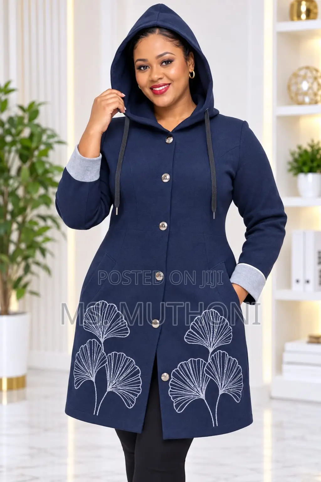 Women's Long Hooded Sweater White Floral Embroidery