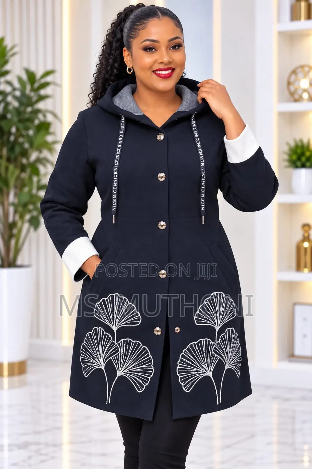 Women's Long Hooded Sweater White Floral Embroidery