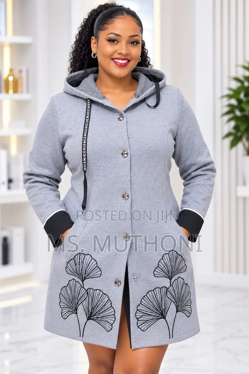 Women's Long Hooded Sweater White Floral Embroidery