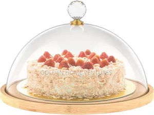 Wooden Cake Acrylic Dome Lid Bamboo Dessert Serving Tray Food Cover
