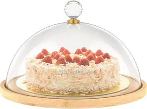 Wooden Cake Acrylic Dome Lid Bamboo Dessert Serving Tray Food Cover