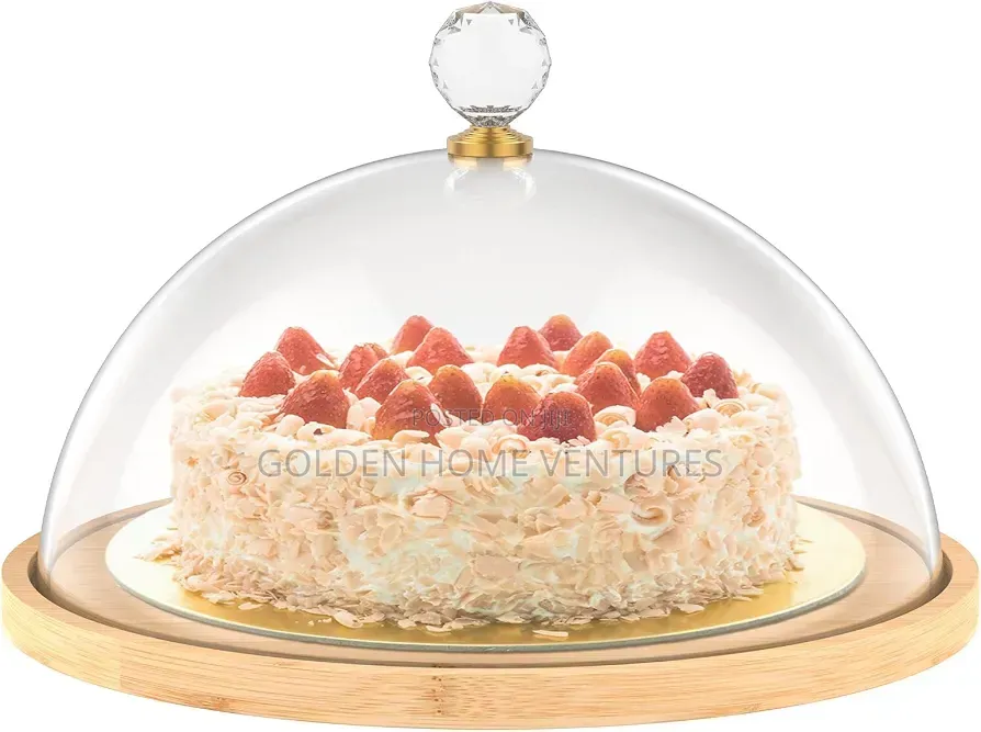 Wooden Cake Acrylic Dome Lid Bamboo Dessert Serving Tray Food Cover
