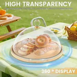 Wooden Cake Acrylic Dome Lid Bamboo Dessert Serving Tray Food Cover