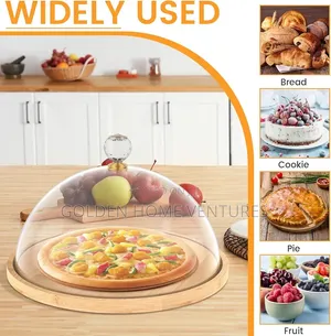 Wooden Cake Acrylic Dome Lid Bamboo Dessert Serving Tray Food Cover