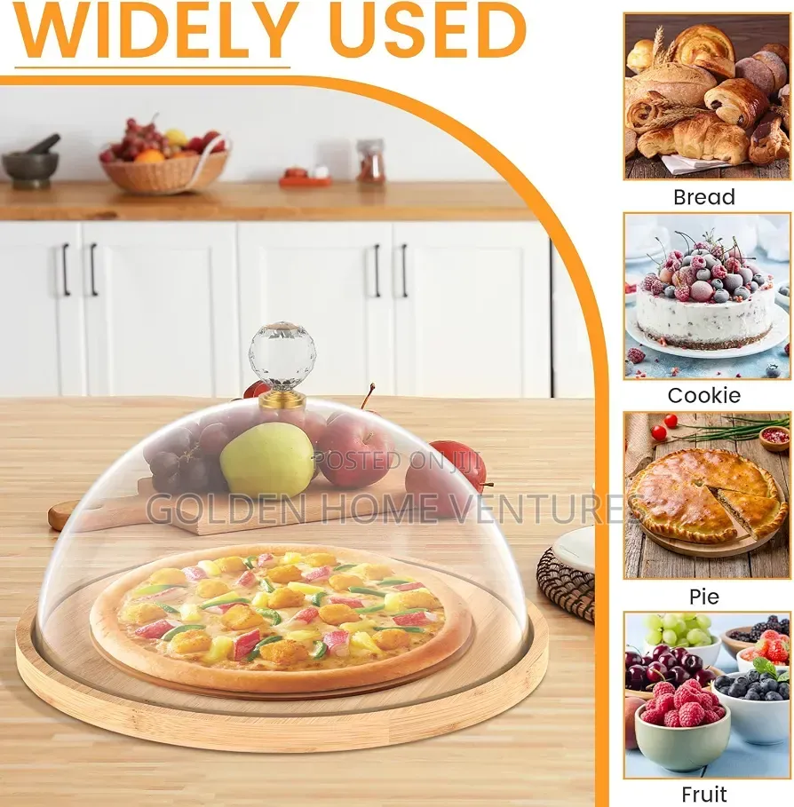 Wooden Cake Acrylic Dome Lid Bamboo Dessert Serving Tray Food Cover