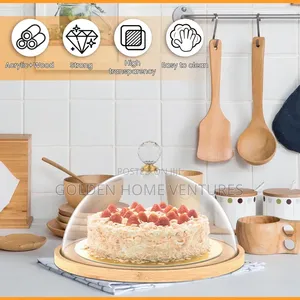 Wooden Cake Acrylic Dome Lid Bamboo Dessert Serving Tray Food Cover