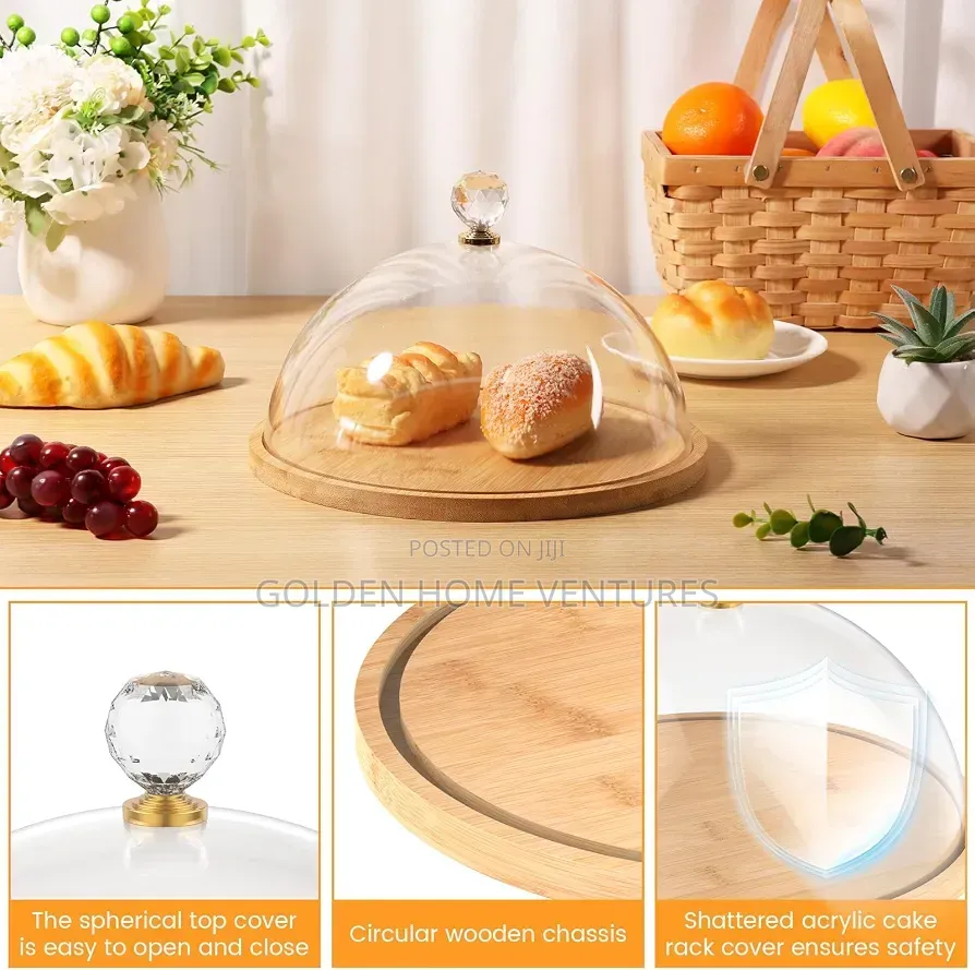 Wooden Cake Acrylic Dome Lid Bamboo Dessert Serving Tray Food Cover