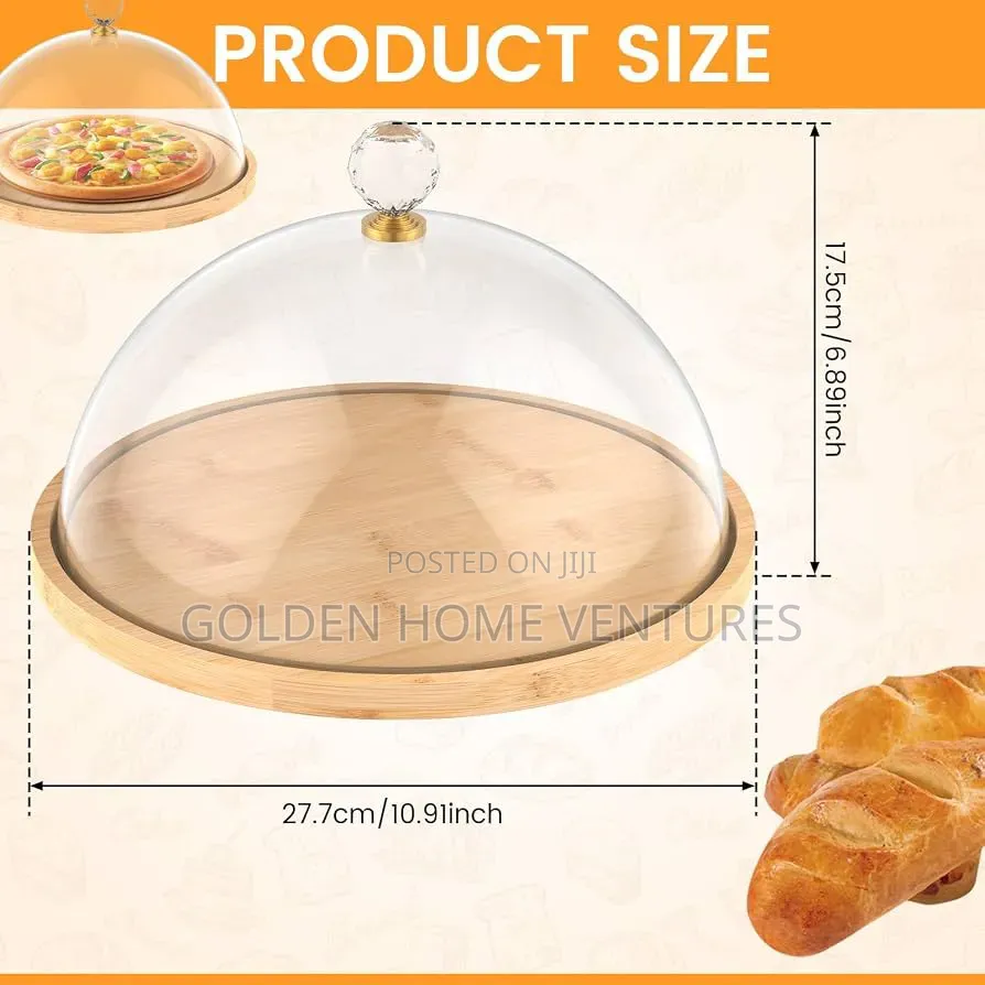 Wooden Cake Acrylic Dome Lid Bamboo Dessert Serving Tray Food Cover