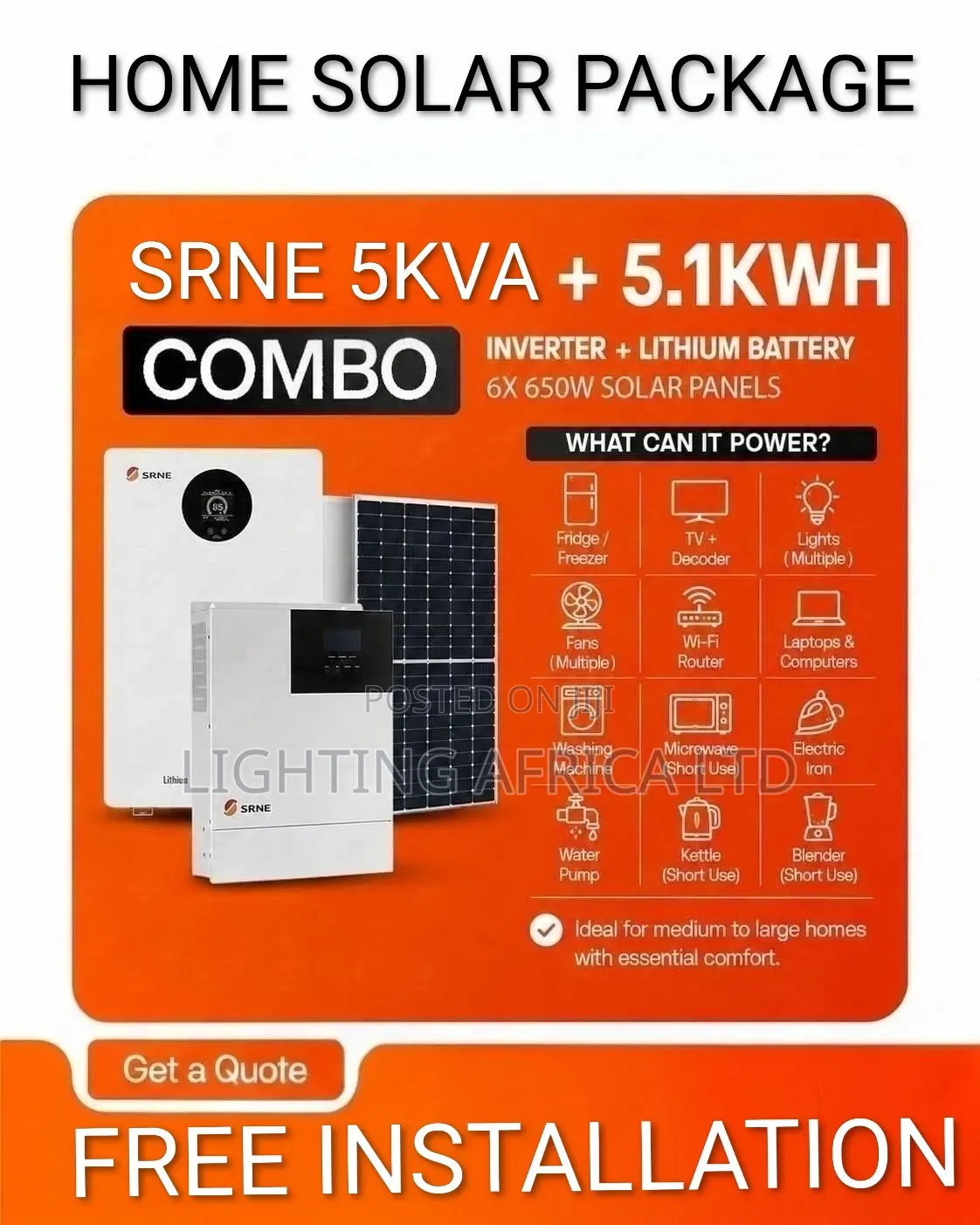 SRNE 5kva - 5.12kwh Lithium Battery -(6)625w Solar Free Installation