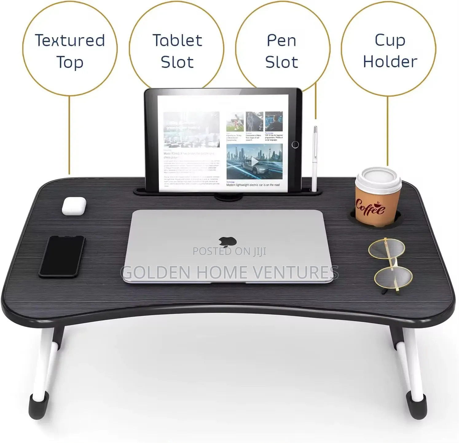 Foldable Laptop Desk Bed Table Tray With Tablet Holder