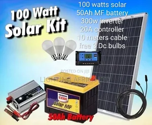 100W Solar Full Kit - 50Ah MF Battery - 300w Inverter - 3 Free Bulbs