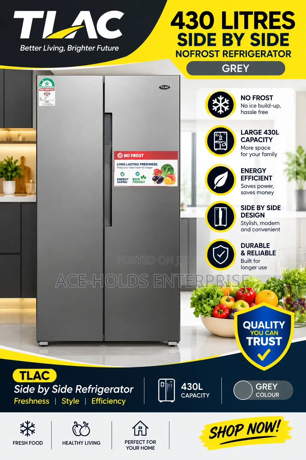 430 Litres - TLAC Side by Side No-Frost (Grey Silver) Fridge