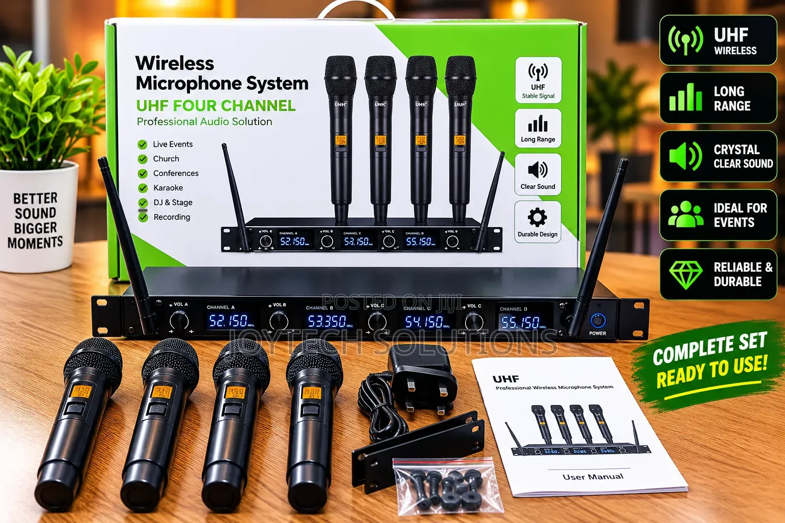 4-Channel UHF Wireless Microphone System With 4 Mics – Clear Sound