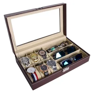 9 Slot Multi Watch Leather Box Organizer (6 Watch 3 Glasses Slots )