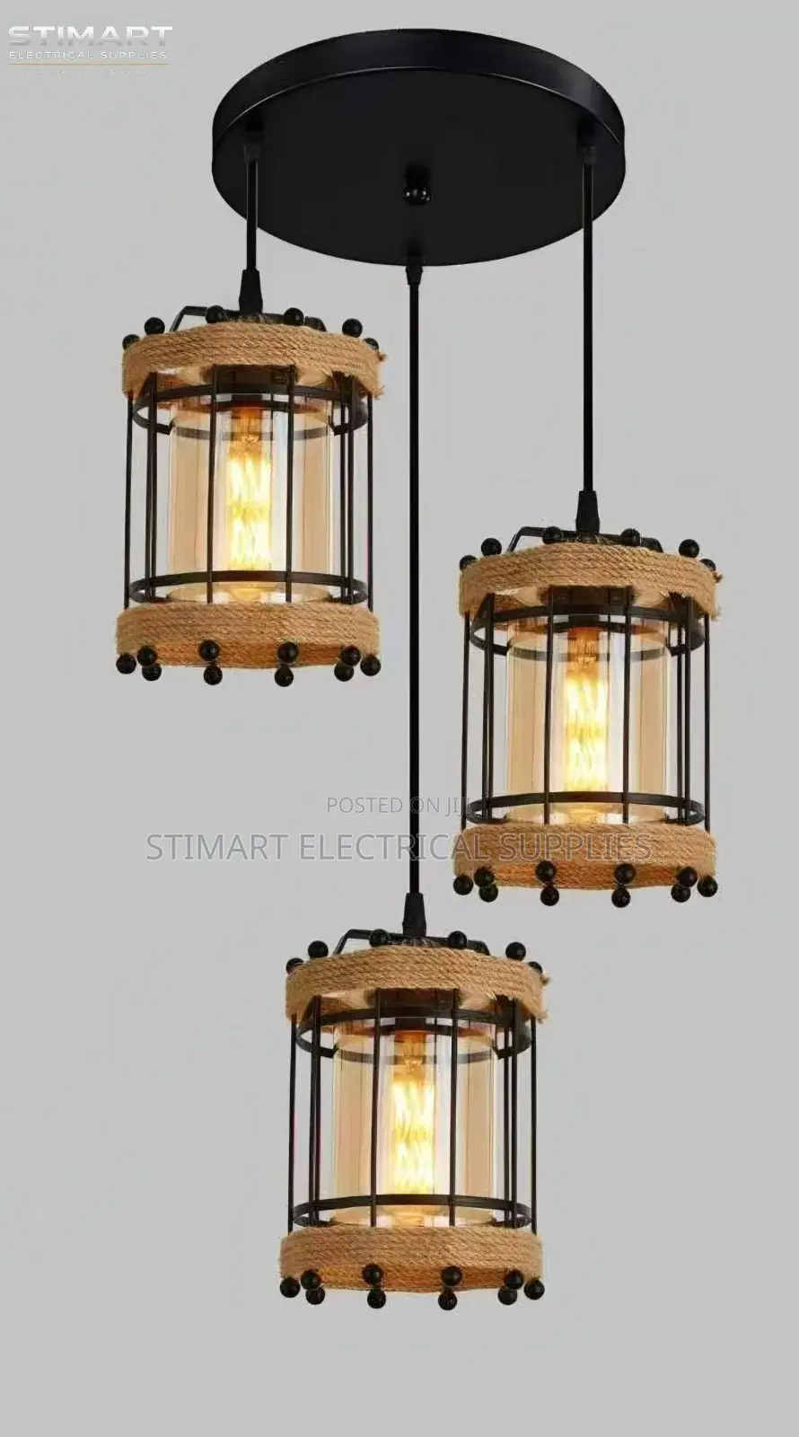 3-Light Rustic Rope Black Metal Pendant
