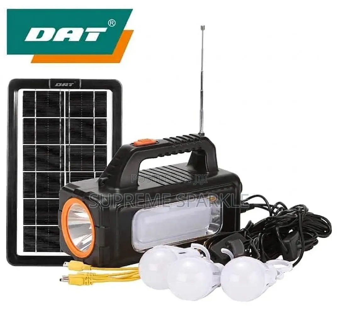 DAT Solar Lighting System AT-9013, FM Radio, 3 Bulbs, USB Charger.
