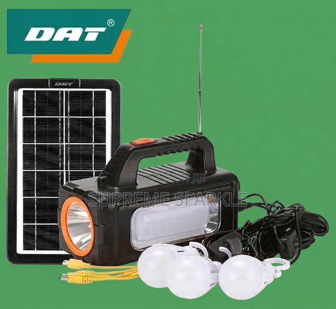 DAT Solar Lighting System AT-9013, FM Radio, 3 Bulbs, USB Charger.
