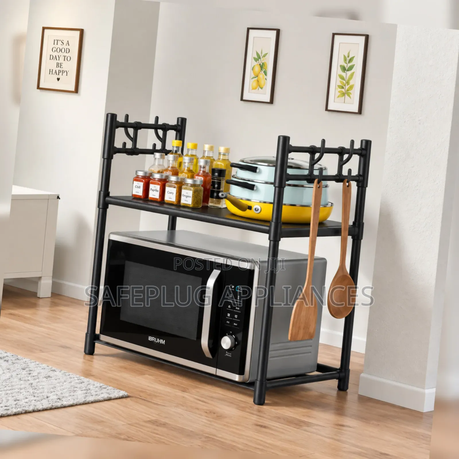 Black Metallic Microwave Shelf Rack – Space-Saving Kitchen Organizer