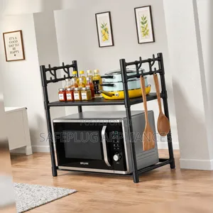 Black Metallic Microwave Shelf Rack – Space-Saving Kitchen Organizer