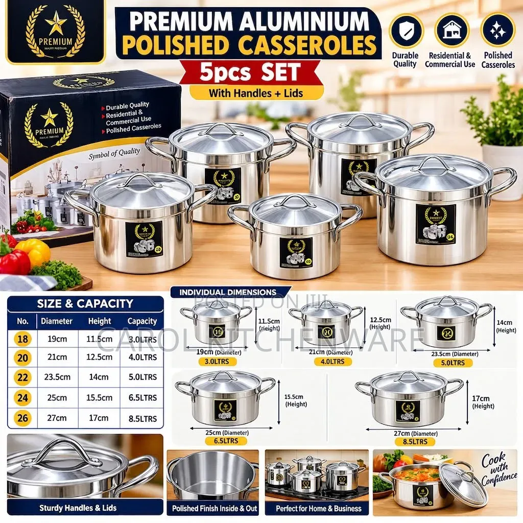 5 PC Aluminium Sufuria With Lid and Handle