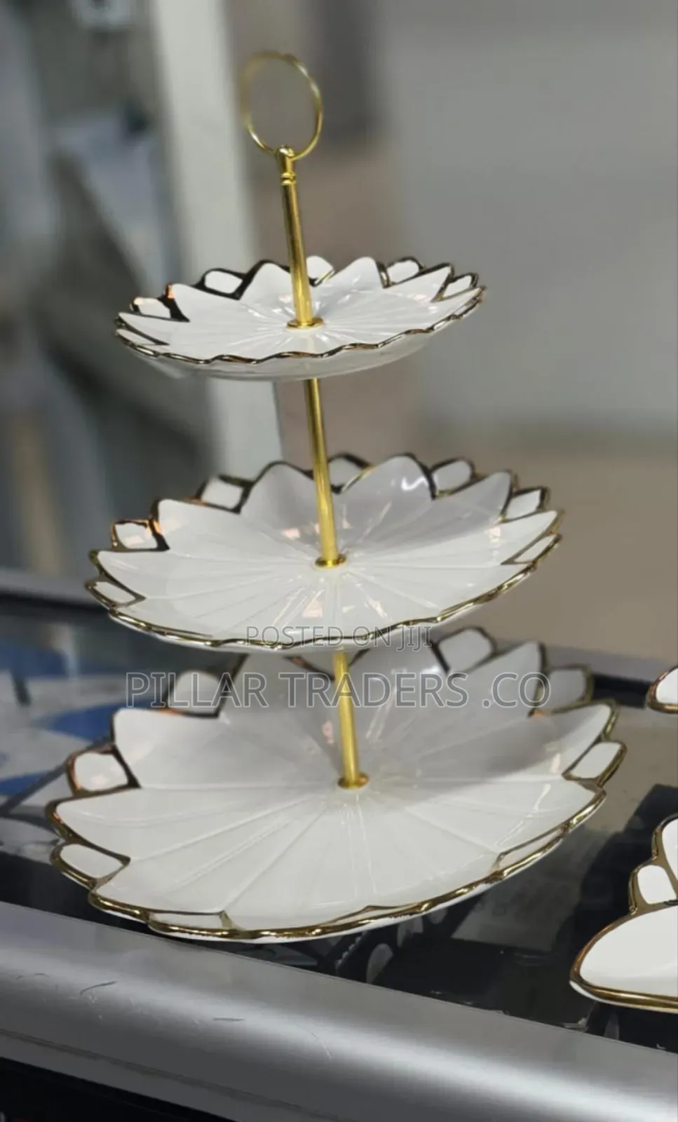 3-Tier Ceramic Cake Dessert Stand With Gold Trim