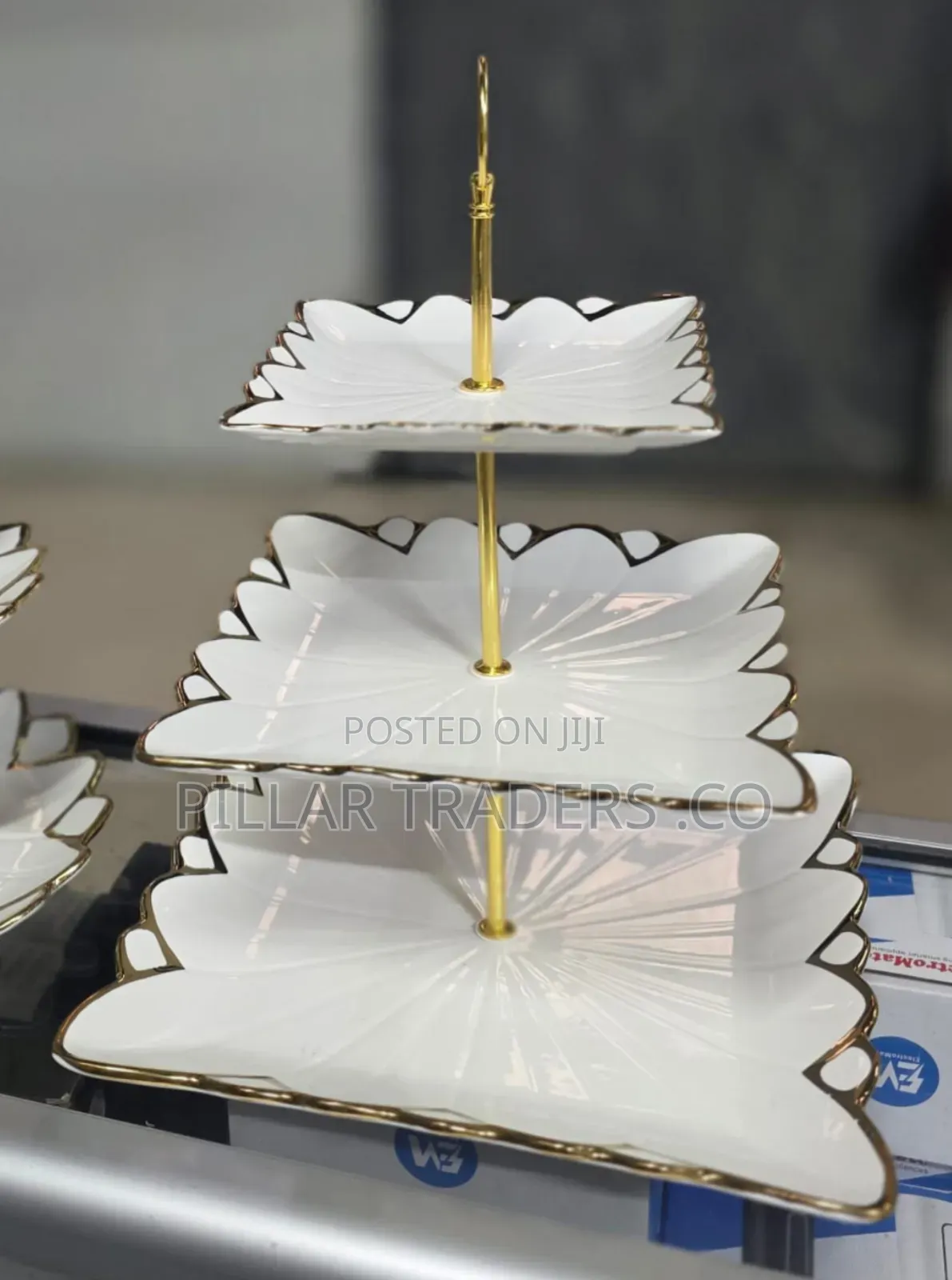 3-Tier Ceramic Cake Dessert Stand With Gold Trim