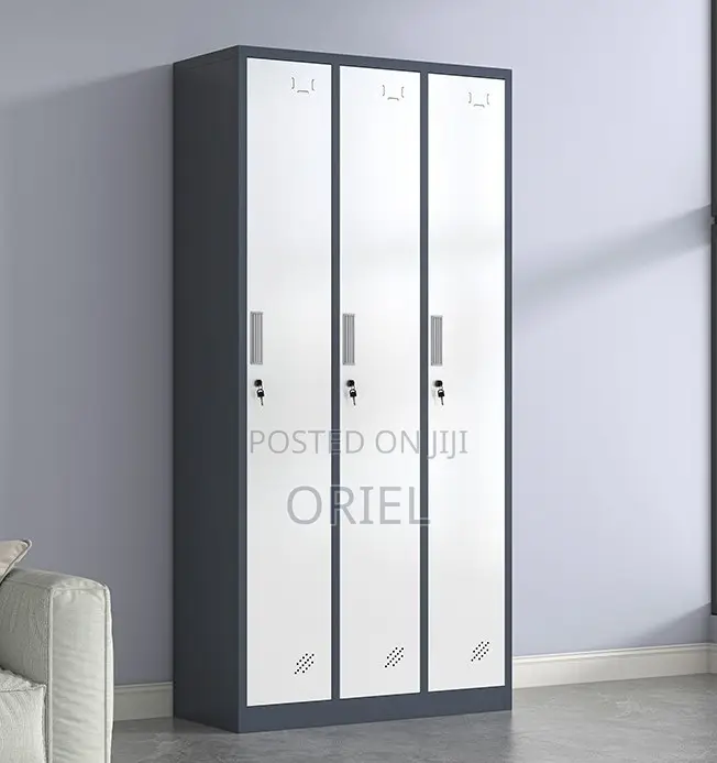 Grey 3-Door Metal Storage Locker Cabinet – Secure Office Storage Unit.