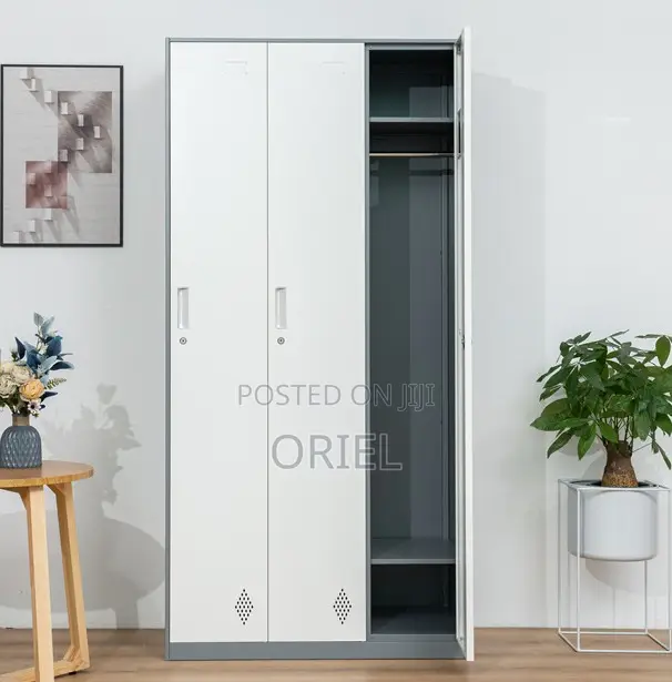 Grey 3-Door Metal Storage Locker Cabinet – Secure Office Storage Unit.