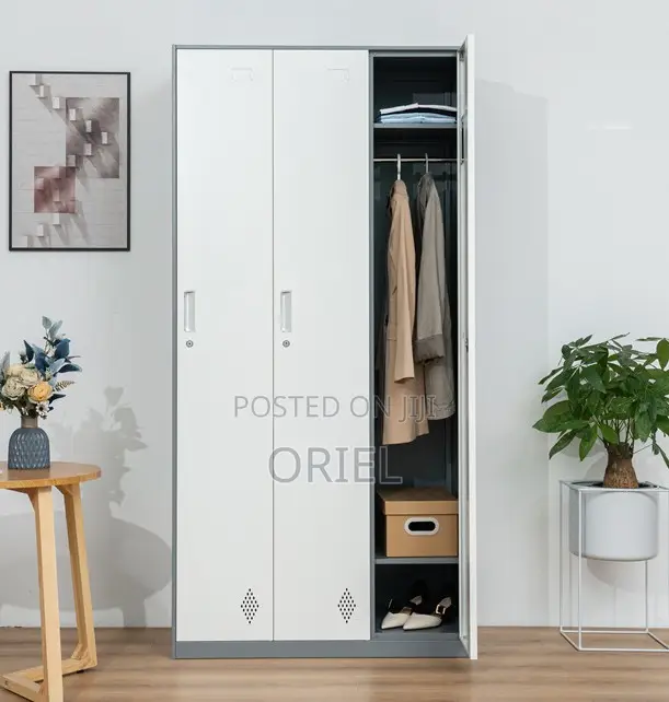 Grey 3-Door Metal Storage Locker Cabinet – Secure Office Storage Unit.