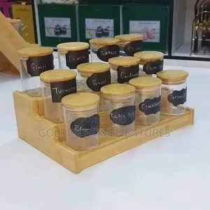12Pcs Glass Spice Jar Set With Wooden Bamboo Display Stand
