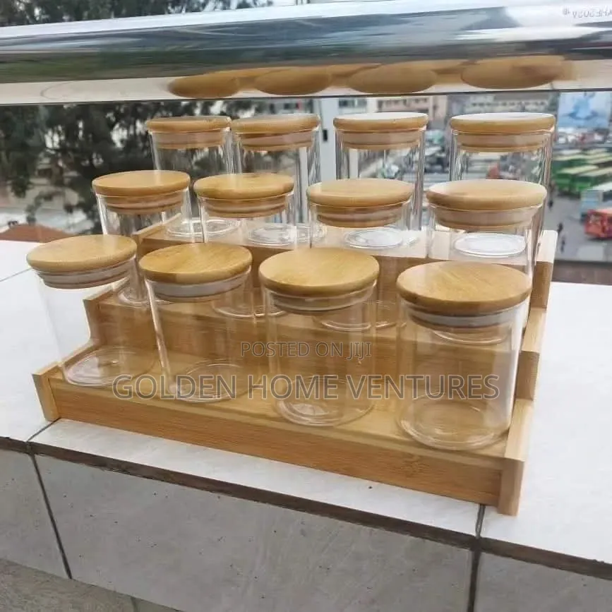 12Pcs Glass Spice Jar Set With Wooden Bamboo Display Stand