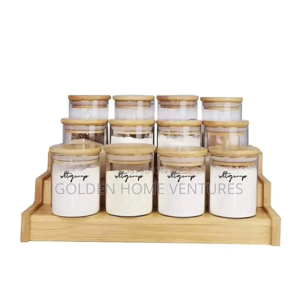 12Pcs Glass Spice Jar Set With Wooden Bamboo Display Stand