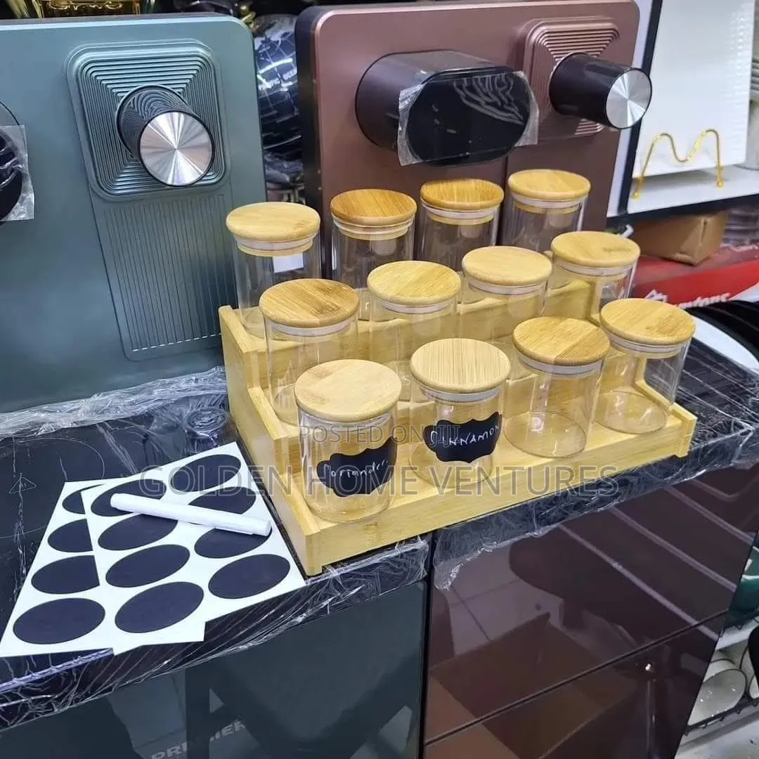12Pcs Glass Spice Jar Set With Wooden Bamboo Display Stand