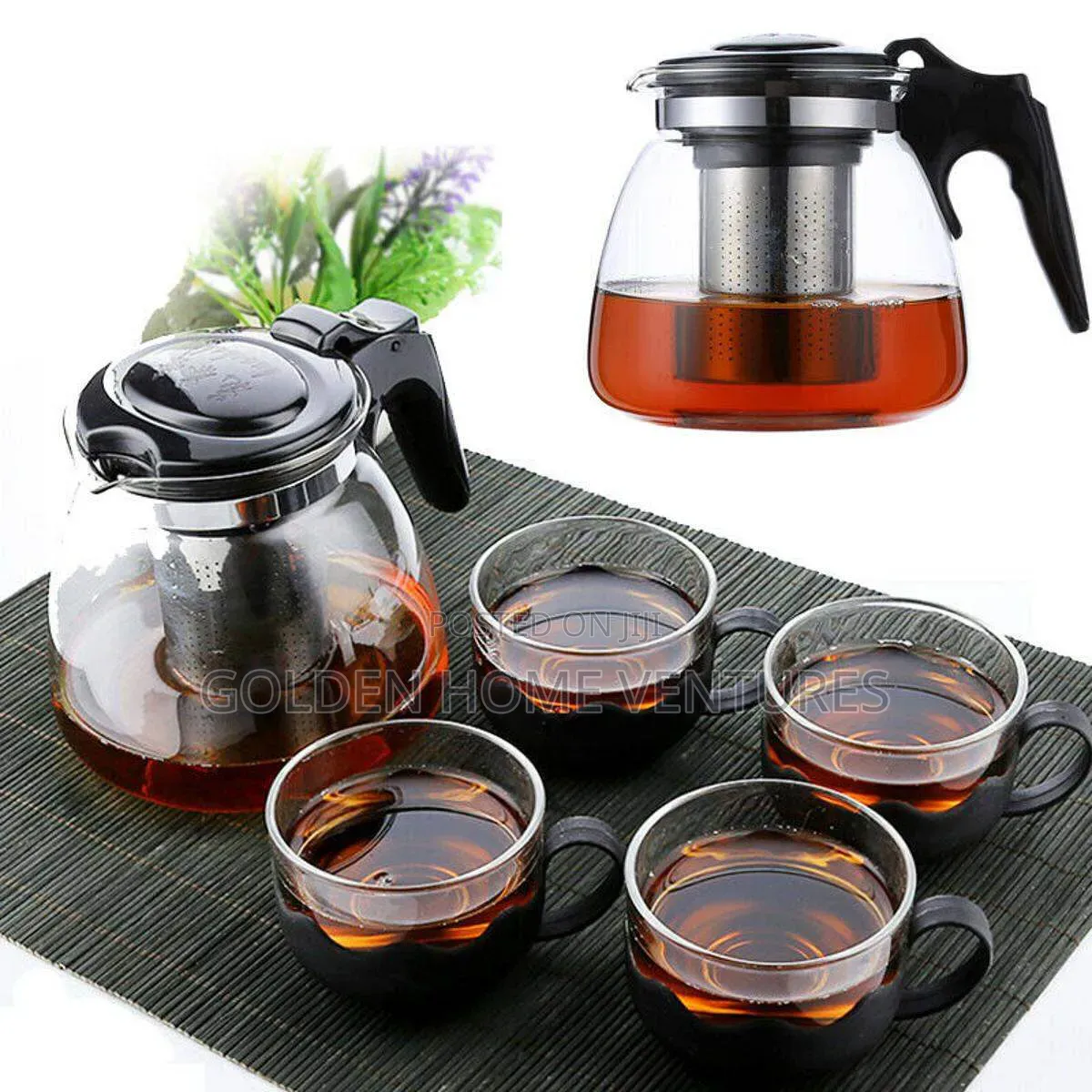 1L Glass Teapot Teakettle Set With 4 Glass Teacups 160ml