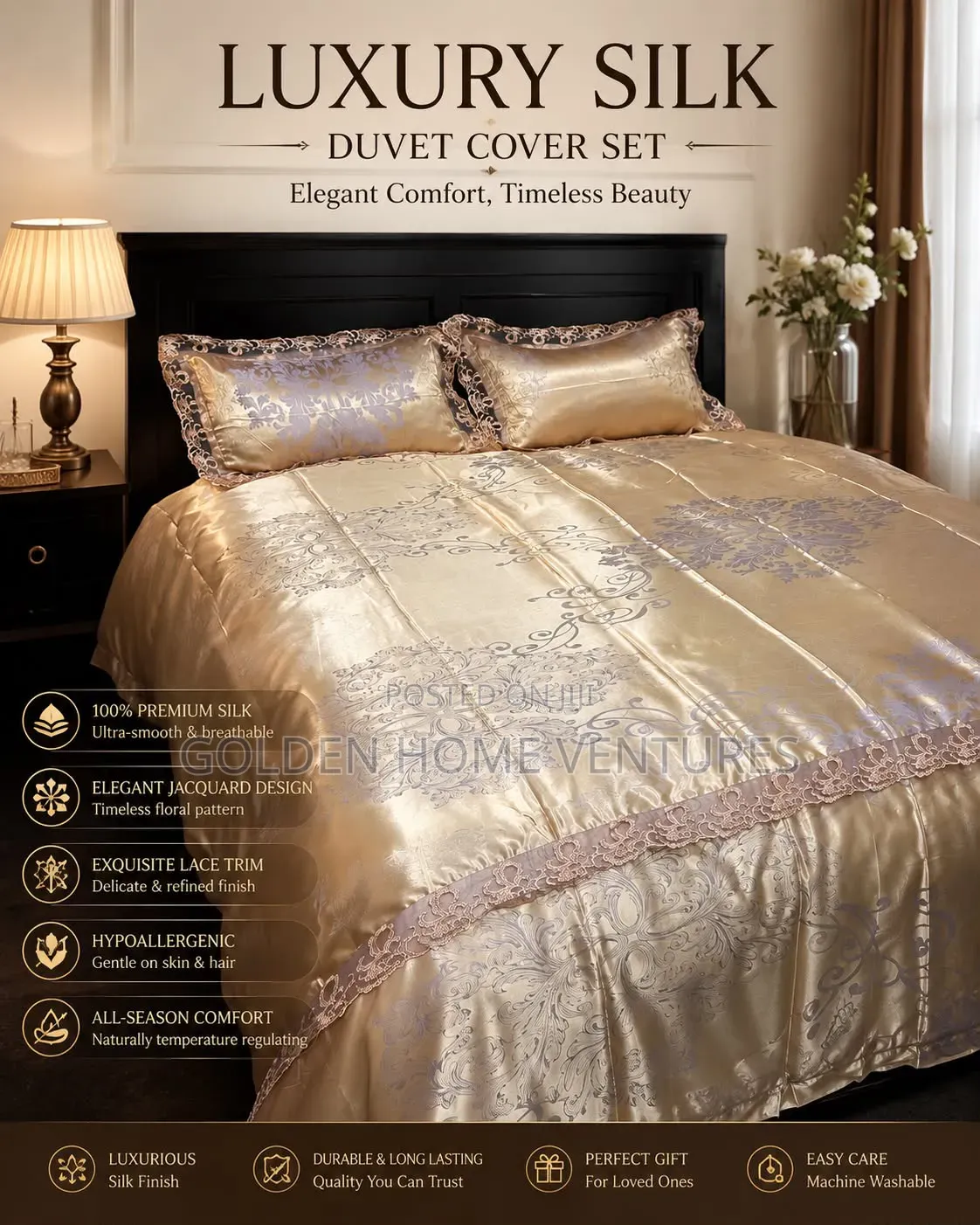 Luxury Silk Duvet Cover Set 6x7 Feet Bed Sheet Lace Trim