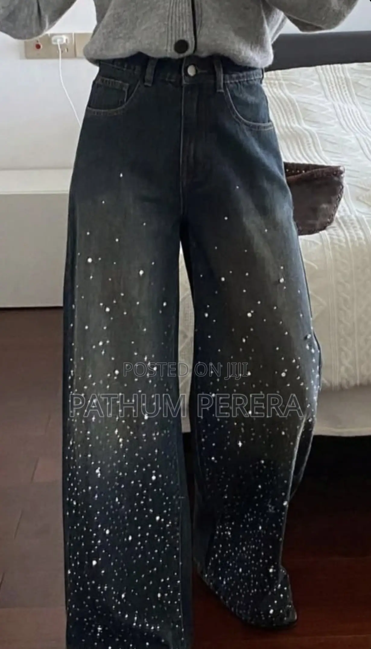 Stylish Rhinestone /High-Waisted Wide Leg Denim Jeans