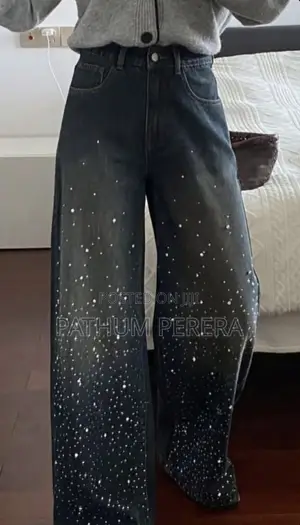 Stylish Rhinestone /High-Waisted Wide Leg Denim Jeans