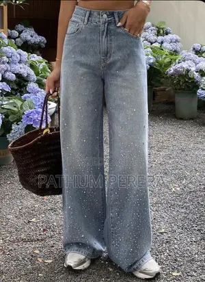 Stylish Rhinestone /High-Waisted Wide Leg Denim Jeans