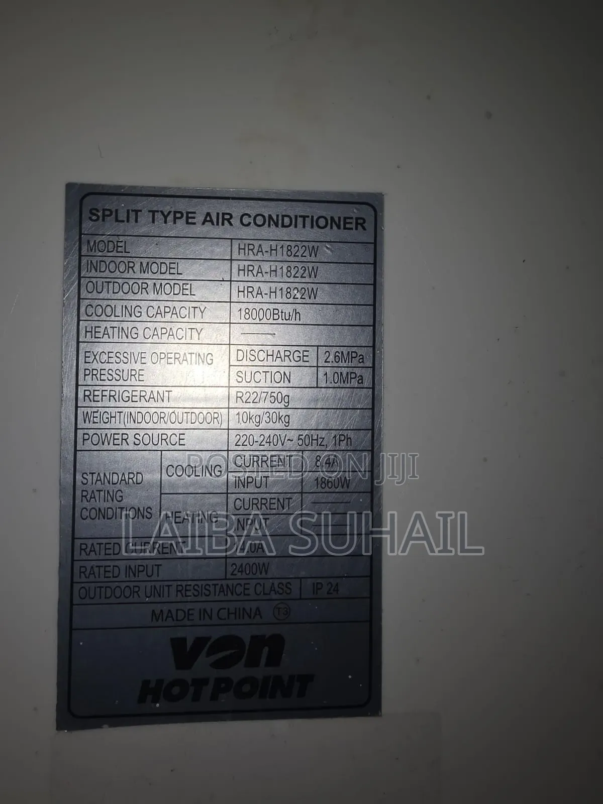 VON Hotpoint 18,000 BTU Split Air Conditioner (Model: HRA-H1822W)