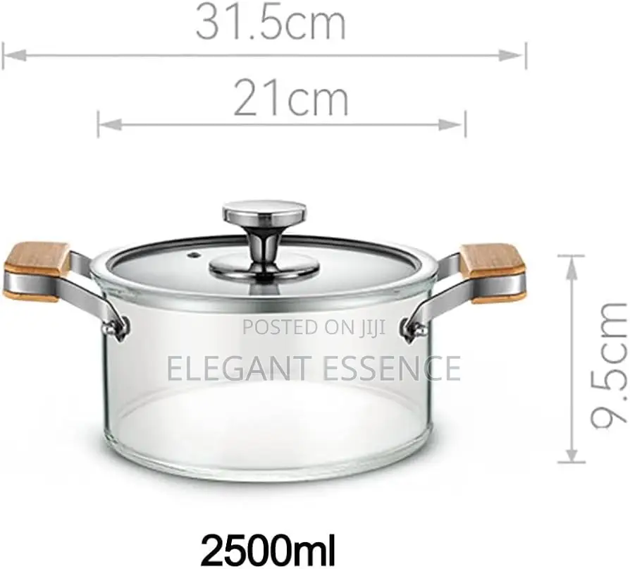 2 Wooden Handle High Boron Heavy Borosilicate Glass Cookware 2.5L