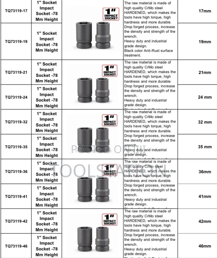 Deep Impact Sockets 1 Inch Drive 17/19/21/24/32/35/36/41/42/46 MM