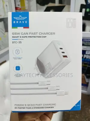 Brave 65W GaN Fast Charger 3-Port With Type-C USB-A - White