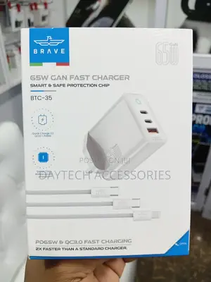 Brave 65W GaN Fast Charger 3-Port With Type-C USB-A - White
