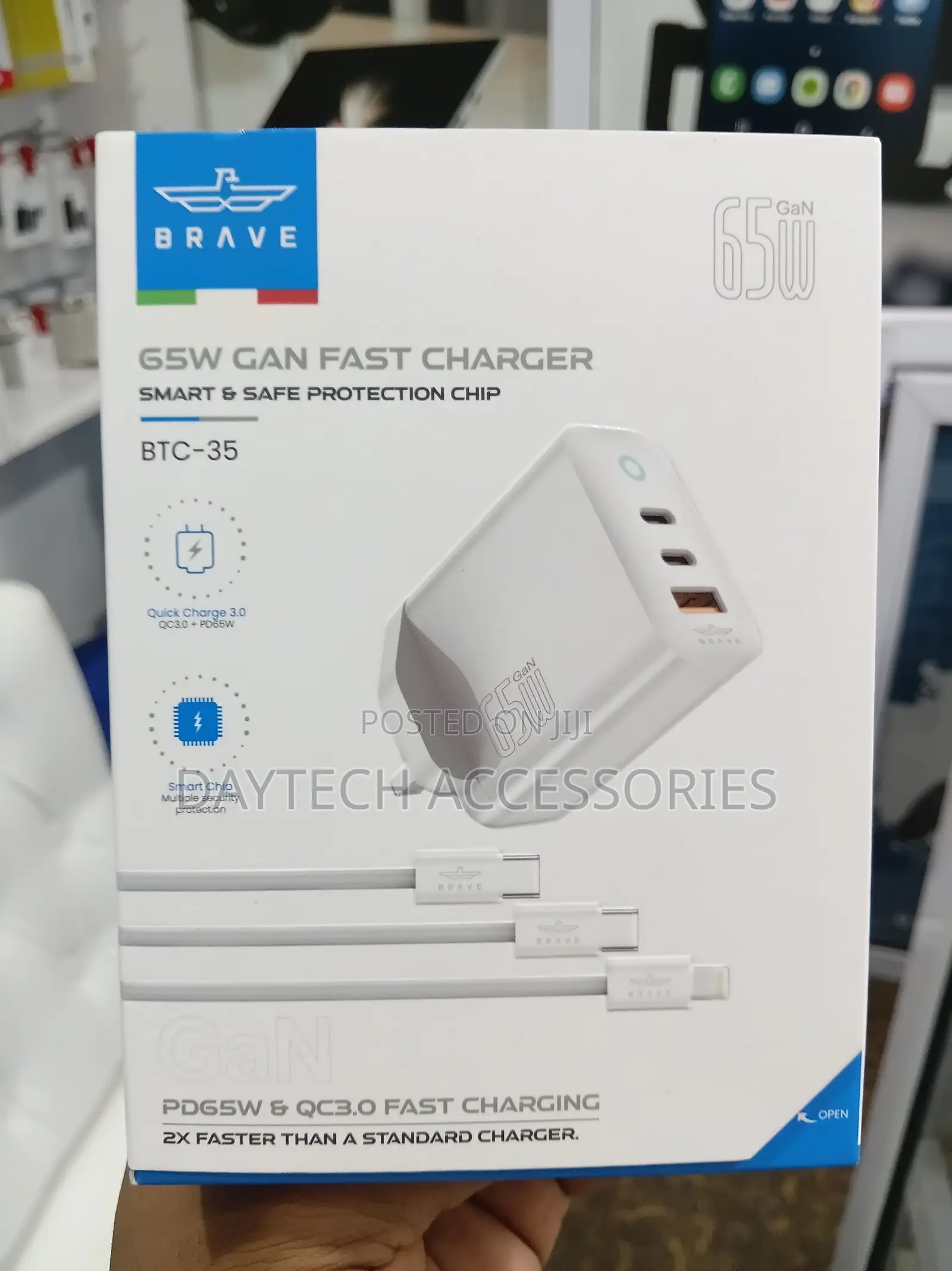 Brave 65W GaN Fast Charger 3-Port With Type-C USB-A - White