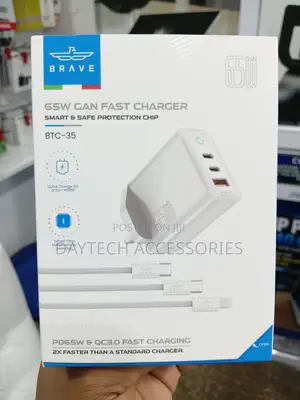 Brave 65W GaN Fast Charger 3-Port With Type-C USB-A - White