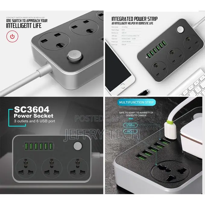 6-USB Port Fast Charger + 3-Port AC Smart Power Socket