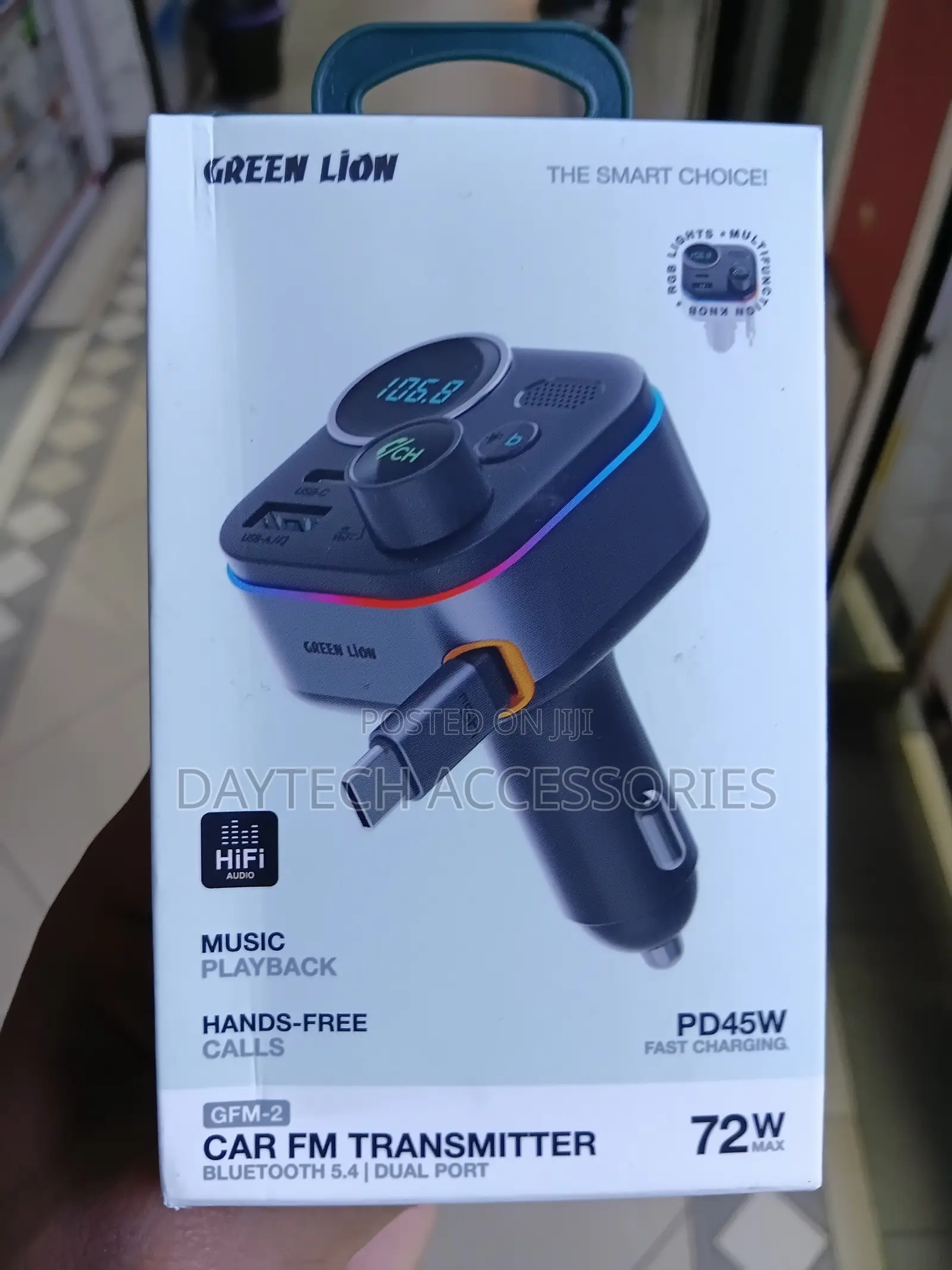 The Green Lion GFM-2 Car FM Transmitter 72W Dual-Port Fast Charger.