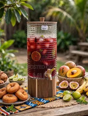Fluted Glass Juice and Cocktail Dispenser With Wooden Pedestal