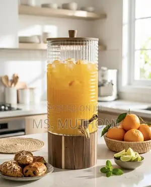 Luxury Ribbed Glass Drink Dispenser With Wooden Base