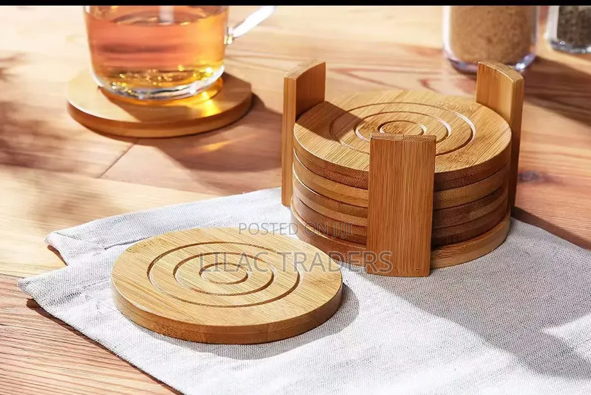 *6PCS Round Bamboo Coaster Set Tact *